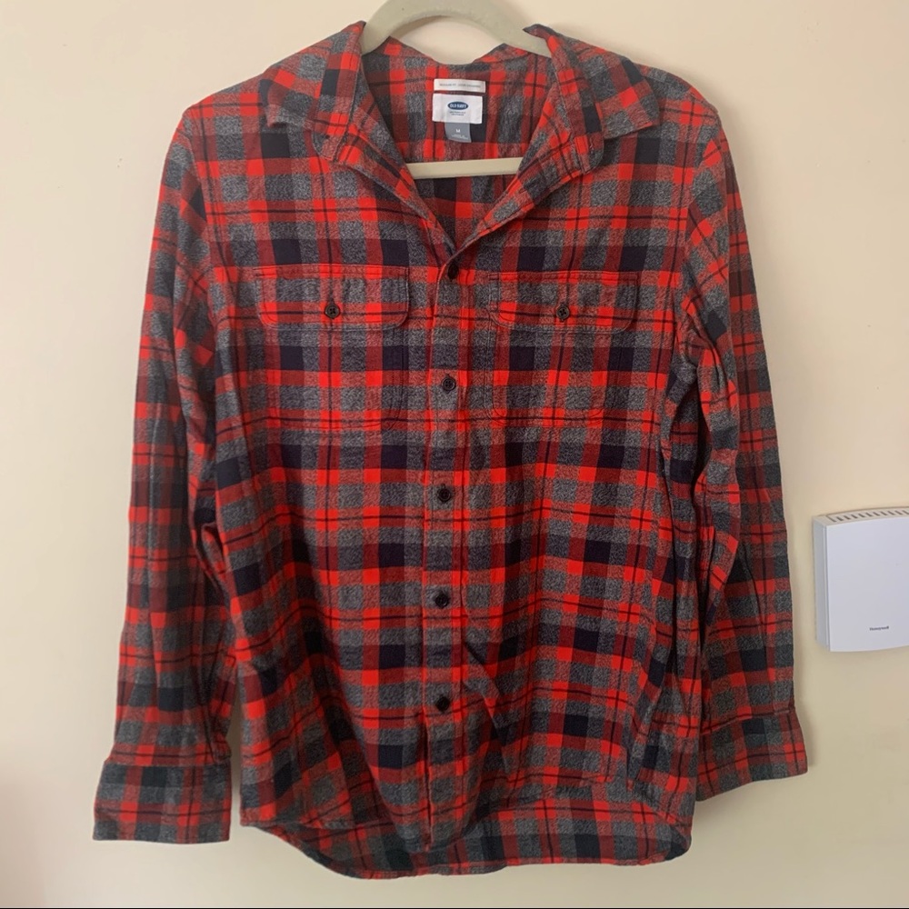 Old Navy Red & Gray Button Up Plaid Flannel